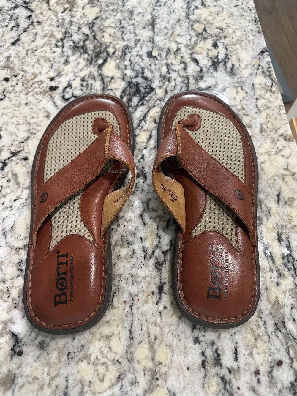 Born Brown Leather Thong Sandals with Beige Insole